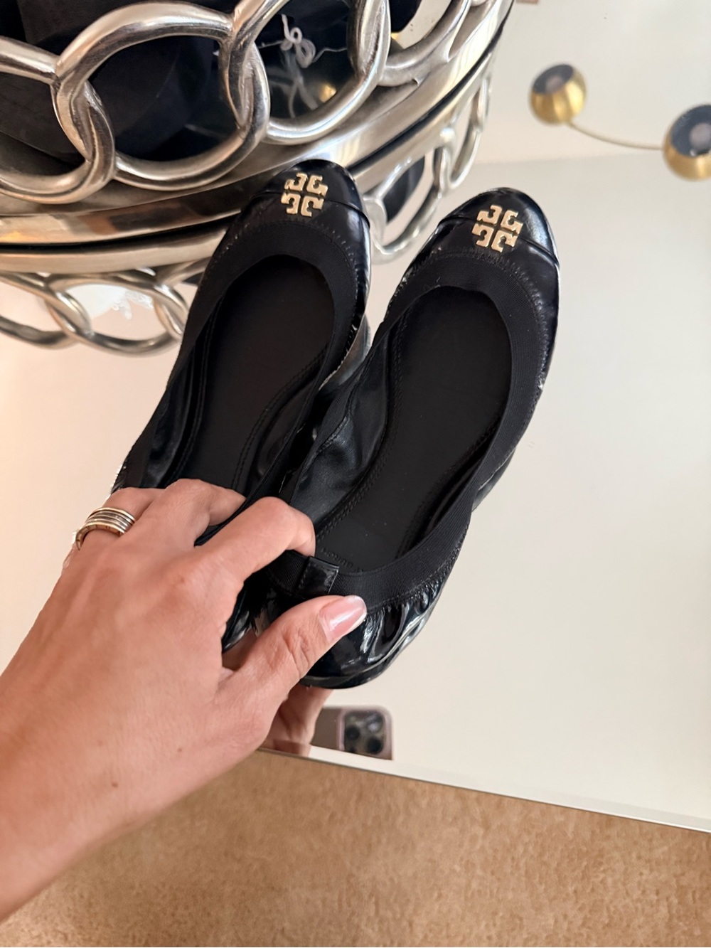 Tory Burch Black Leather Ballet Flats with Gold Logo